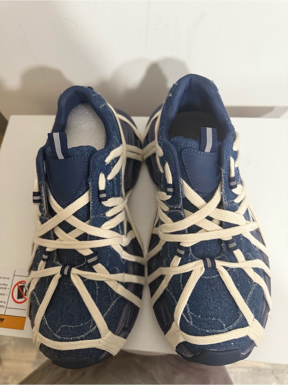 Azalea Wang Denim Blue Lace-Up Sneakers with Cream Webbing Brand New